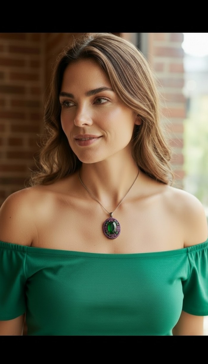 Brazilian Beauty 14.5ctw OVAL cut Brazilian Tourmaline black rhodium over .925 Sterling Silver handmade Pendant - Woman wearing Brazilian Beauty Tourmaline necklace, off-shoulder angle