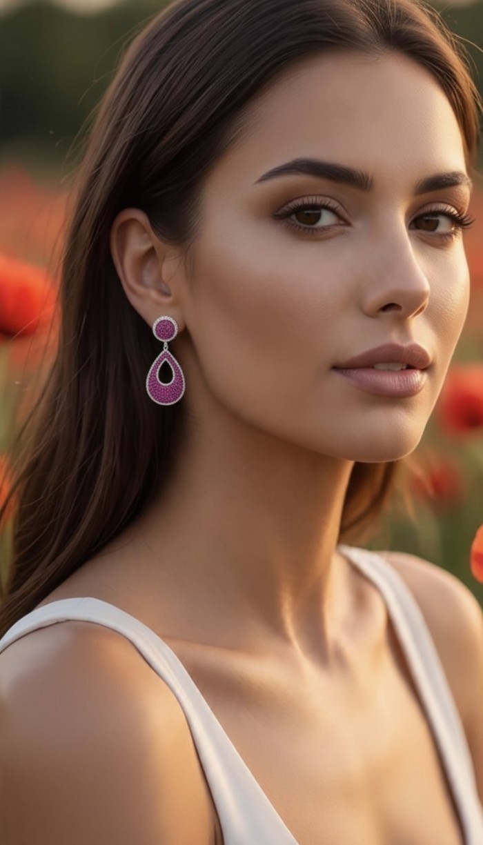 Bella Rossa - 2.5 carat pave Mozambique Ruby .925 Sterling Silver dipped in Rhodium handcrafted earrings - Woman wearing Bella Rossa ruby earrings in side portrait view.
