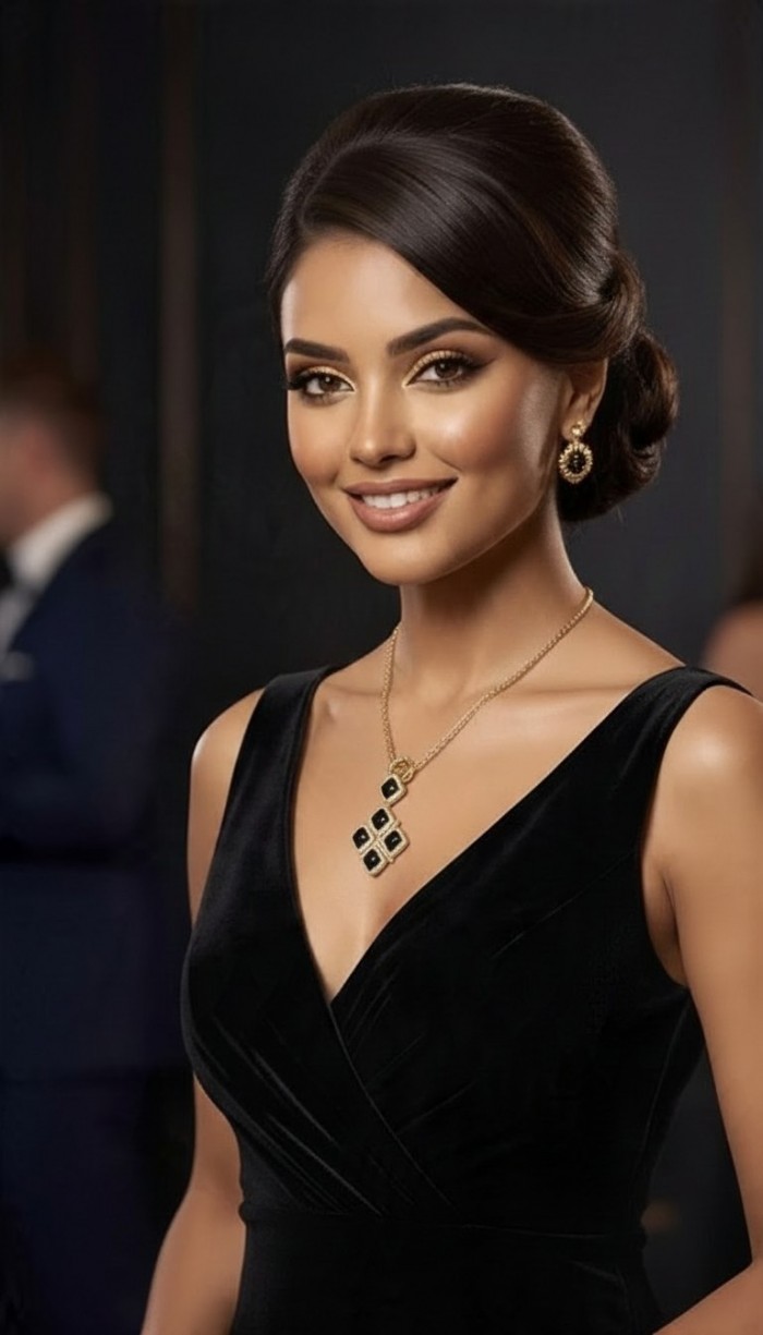 Authentic 25.2 Carat Onyx .925 Sterling Silver dipped in 14K Gold handcrafted necklace - Woman wearing onyx necklace and earrings, elegant attire, side angle.