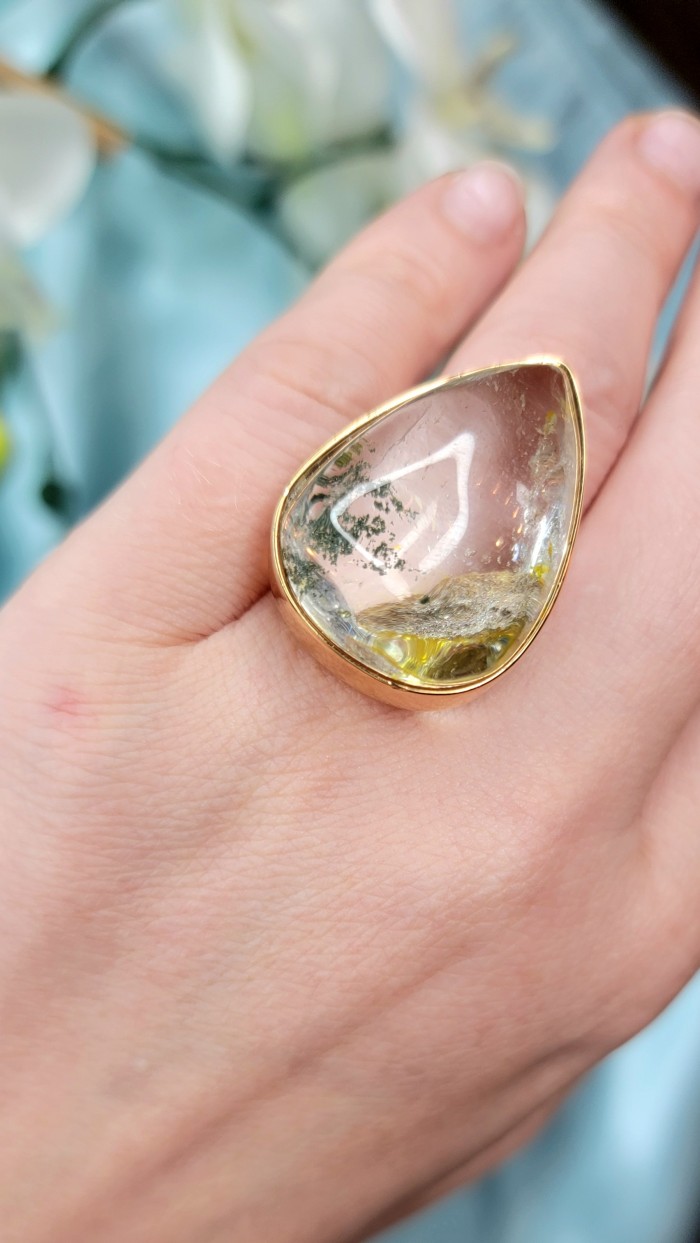 Magic genuine Phantom Quartz 18K Gold over .925 Sterling Silver handmade Cocktail Ring s. 8 adjustable - Phantom Quartz ring in 18K gold on hand, close-up view.