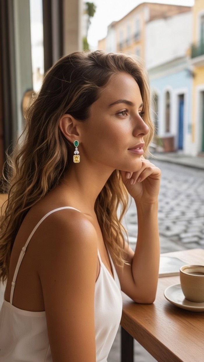 Luxurious 18.5 carat baquette cut Golden - yellow Montana Sapphire 3.8 carat Emerald 18K Gold over .925 Sterling Silver handcrafted earrings - Side view of woman wearing luxurious golden-yellow Montana sapphire earrings.