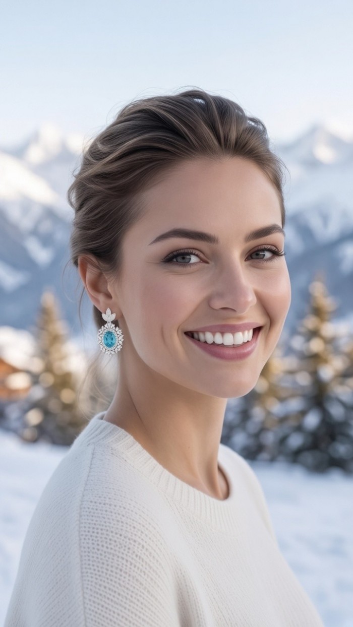 Royalty oval cut 7.2 carat Paraiba Tourmaline .925 Sterling Silver entirely handmade earrings - Paraiba Tourmaline earrings worn, snowy background, side profile view.