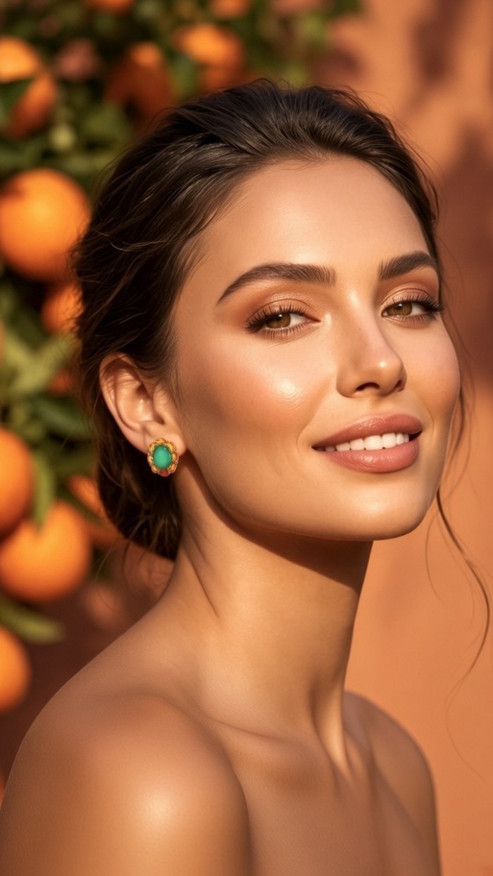 Giovanna - Authentic 4.5 CARAT natural Colombian Emerald .925 Sterling Silver handcrafted Statement earrings - Emerald earring worn on woman with oranges in background