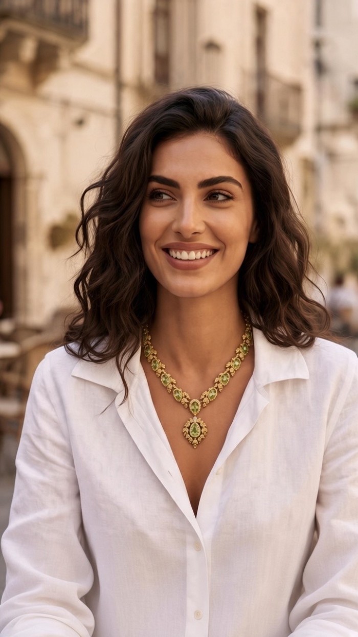 Serenade authentic 27.5 carat Brazilian Green Topaz 18K Gold over .925 Sterling Silver handcrafted necklace - Worn on woman: 27.5 carat Brazilian Green Topaz necklace in 18K gold.