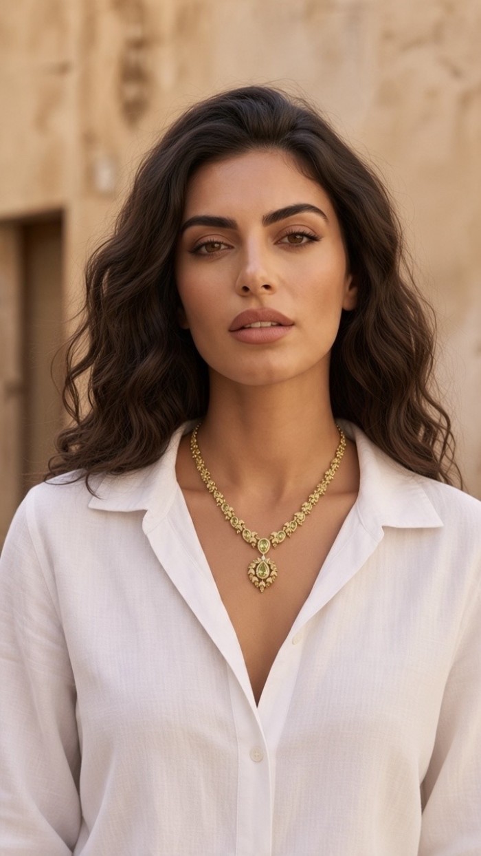 Serenade authentic 27.5 carat Brazilian Green Topaz 18K Gold over .925 Sterling Silver handcrafted necklace - Worn on model: Serenade 27.5 ct Brazilian Green Topaz 18K Gold necklace