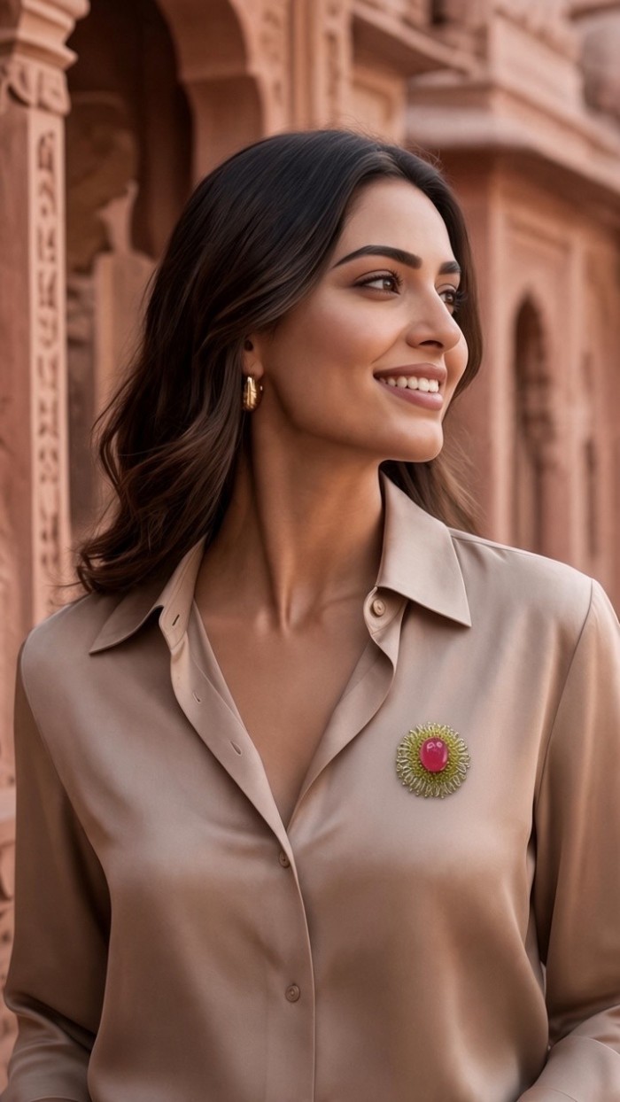 Abundant Blessings - Precious - Genuine 27.5 carat Ruby 18K Gold over .925 Sterling Silver handmade Pendant and Brooch - Side view of ruby brooch worn on a silk blouse.