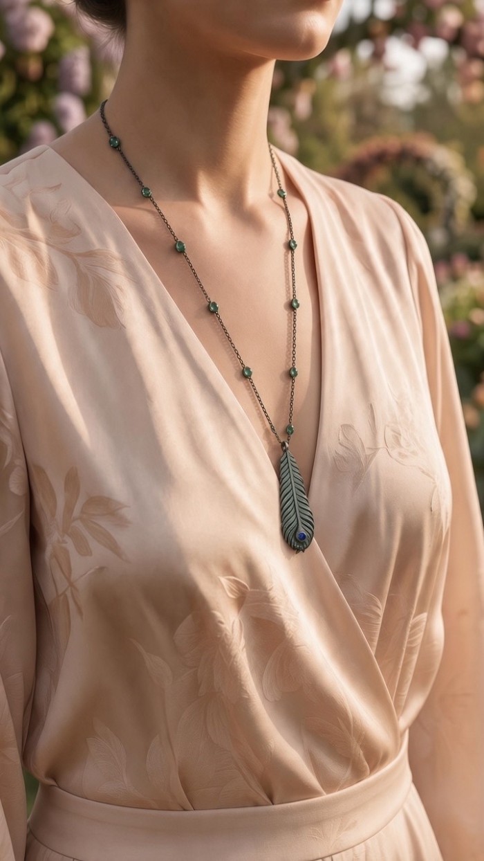 Precious Magic Feather 4.2 carat Sapphire 2.8 carata pave Emerald .925 Sterling Silver dipped in black rhodium Statement Necklace - Feather pendant necklace with sapphire, worn on model in soft lighting.
