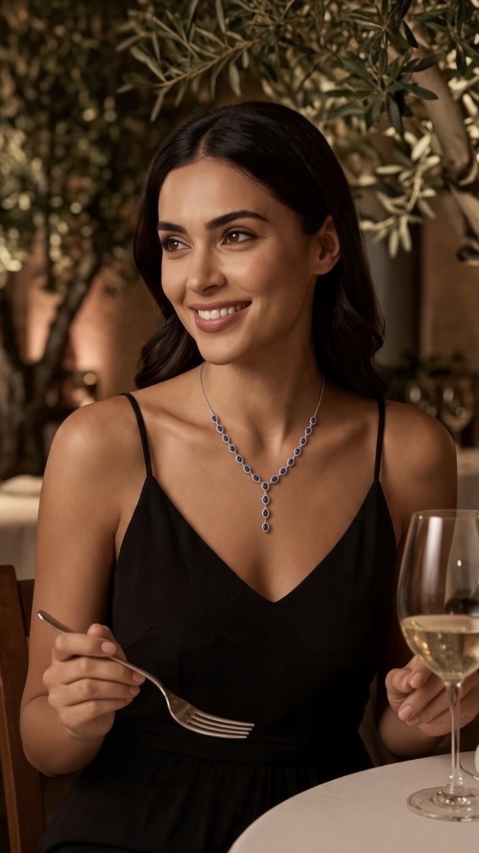 Luxurious 9.2 carat Genuine Tanzanite .925 Sterling Silver handmade Necklace - Woman wearing Tanzanite necklace, front view with wine glass.