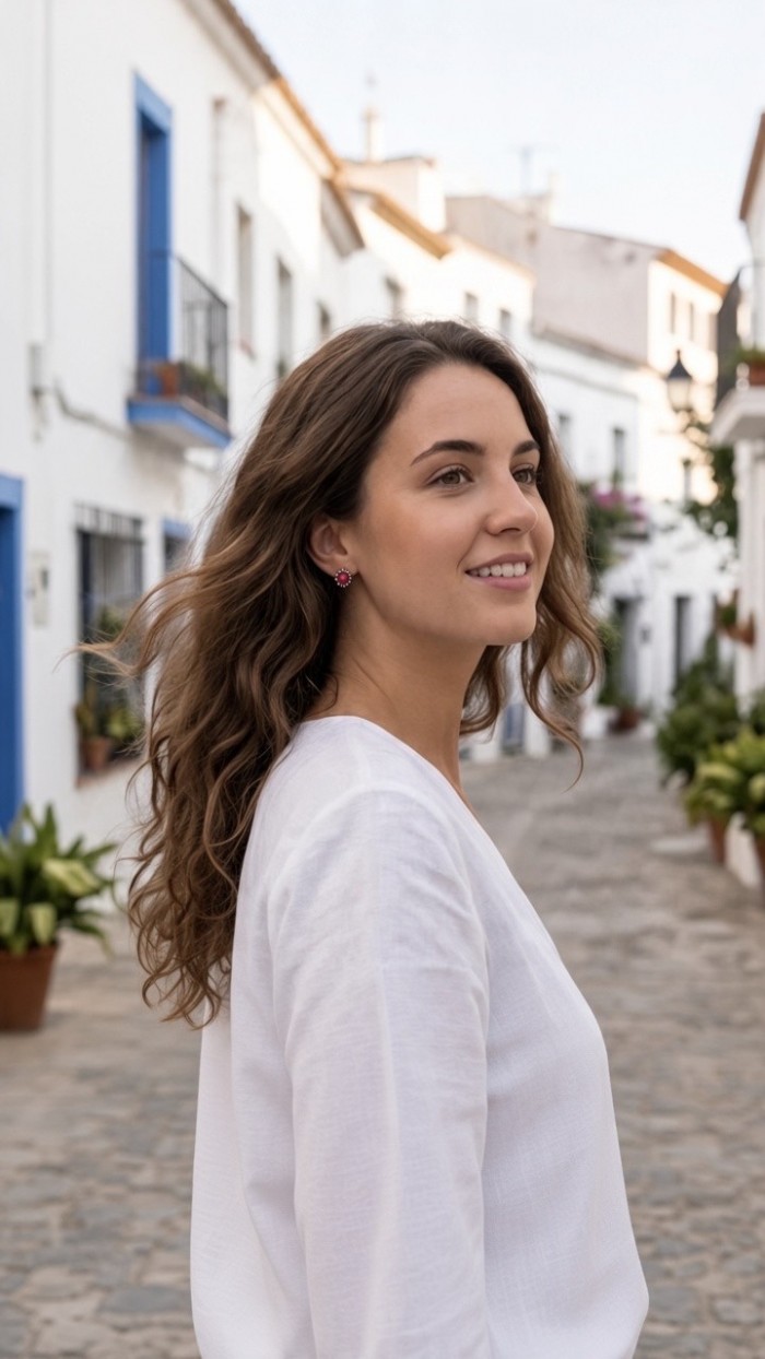 Natural 2.2 carat Mozambique Ruby .925 Sterling Silver Handcrafted Earrings - Side view, woman wearing natural ruby earring in white blouse.