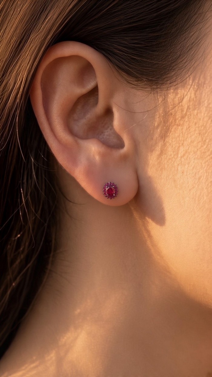 Natural 2.2 carat Mozambique Ruby .925 Sterling Silver Handcrafted Earrings - Close-up of ear with Natural 2.2 carat Mozambique Ruby earring.