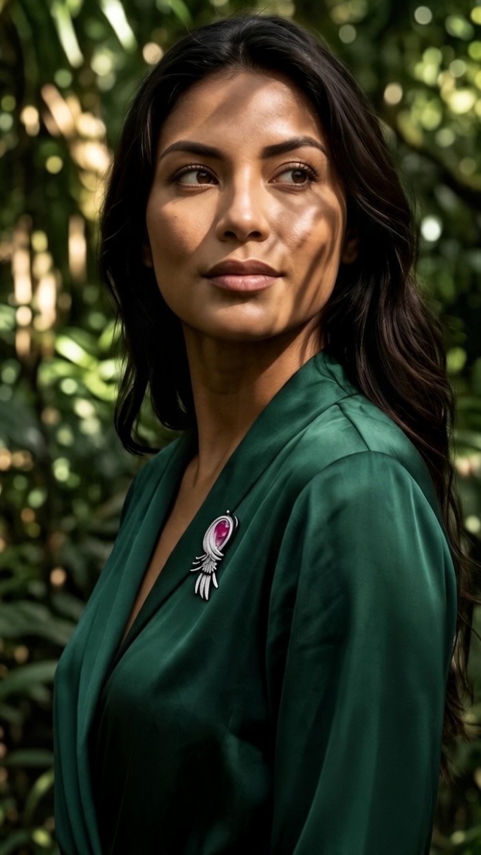 Phoenix Natural 14.8 carat Ruby Rhodium over .925 Sterling Silver handcrafted Brooch - Brooch shown on model wearing a green top, leafy background.