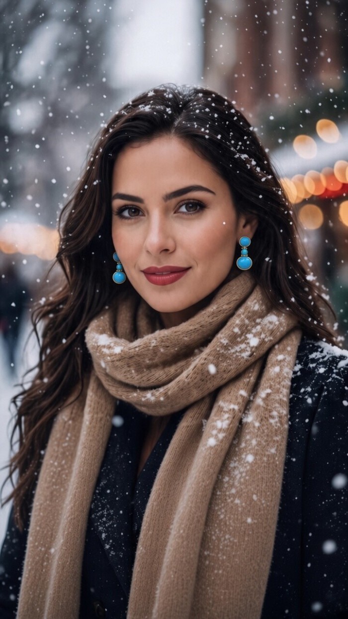 Pacifica - 35.4 carat Sleeping Beauty Turquoise 18K Gold .925 Sterling Silver handmade Statement Earrings - Woman wearing Sleeping Beauty Turquoise earrings in snowy scene.