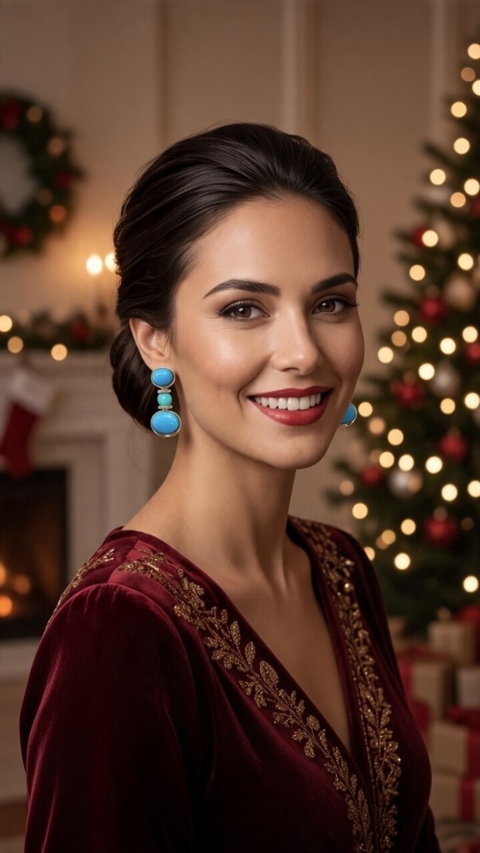 Pacifica - 35.4 carat Sleeping Beauty Turquoise 18K Gold .925 Sterling Silver handmade Statement Earrings - Elegant woman wearing Pacifica turquoise earrings, holiday background.