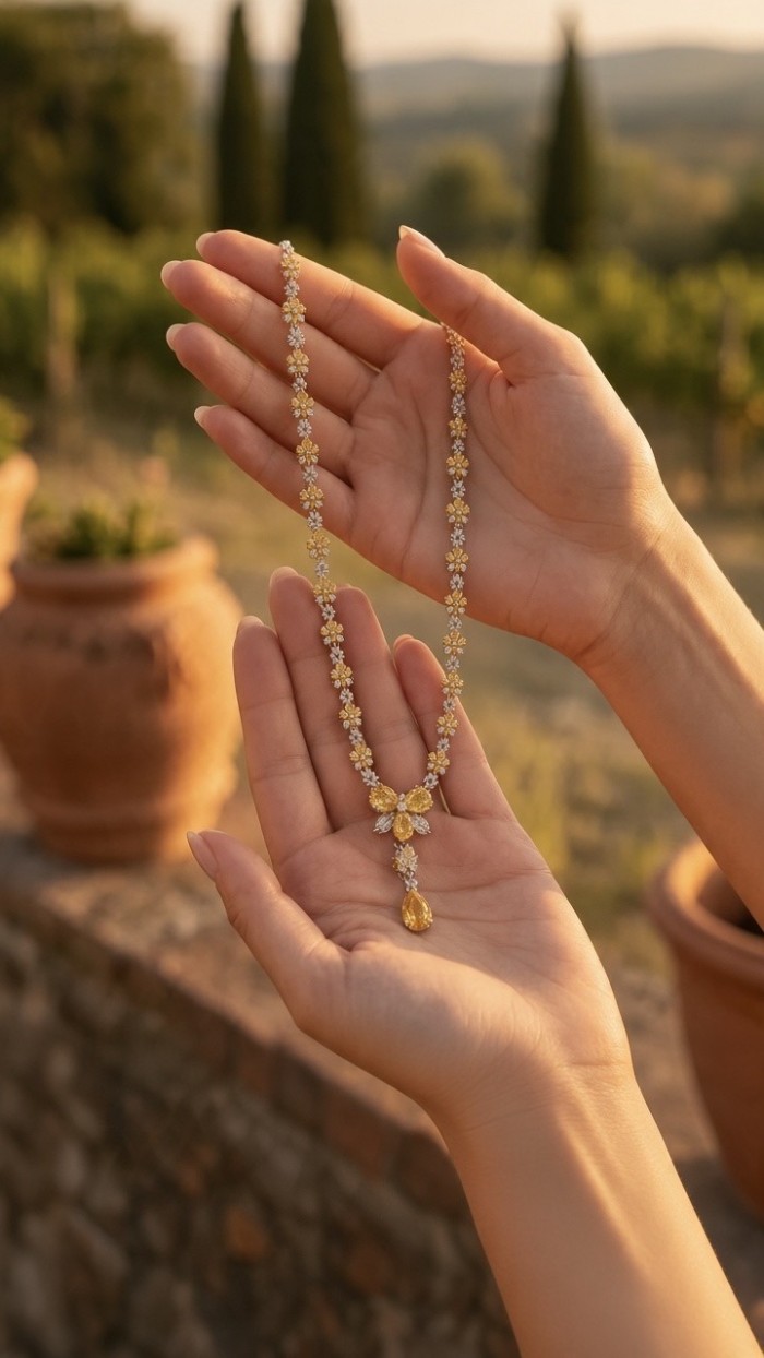 Francesca - Luxurious 65.5 carat Natural Citrine rhodium over .925 Sterling Silver handcrafted necklace - Hands holding Francesca citrine necklace in outdoor setting.