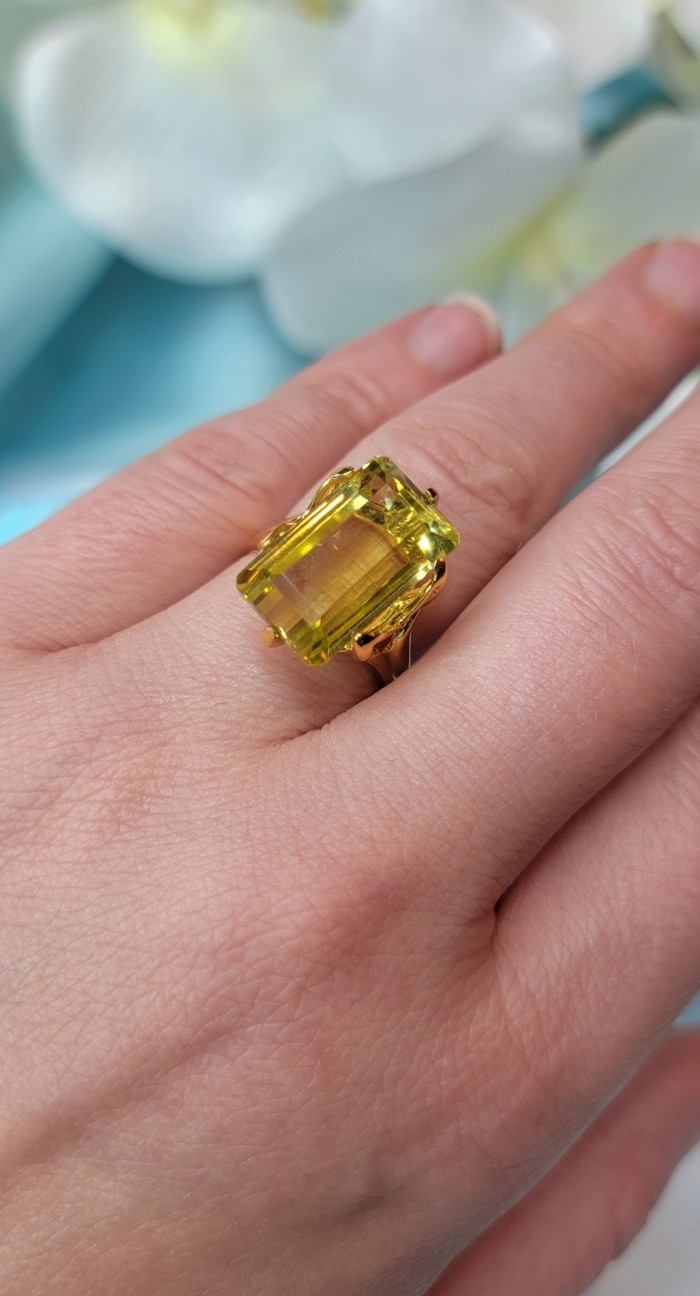 11.8 carat Genuine oval cut Lemon Quartz 14K Gold over .925 Sterling Silver handcrafted ring size 7 1/4 - Lemon Quartz ring on hand, large stone in close-up, 14K Gold setting.