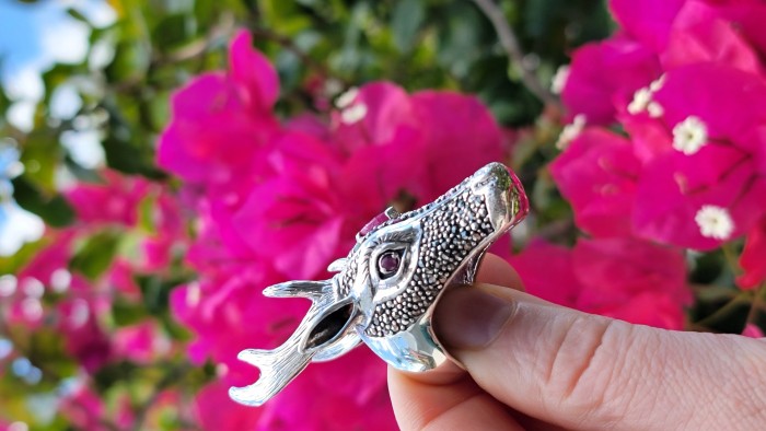 Large Deer Head Authentic Ruby .925 Sterling Silver handmade Ring size 7 - photo 1