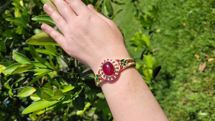 Floral Design Genuine 22.5 carat Ruby Enamel 18K Gold over .925 Sterling Silver Bracelet / Cuff - photo 1