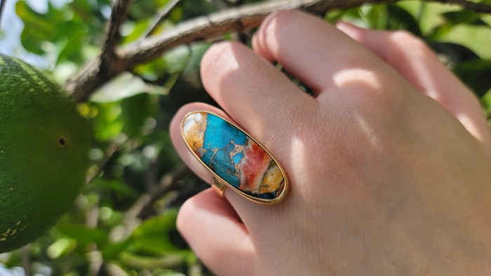 Rare 29.5 carat Oyster Turquoise 18K Gold over .925 Sterling Silver handcrafted Large ring; s. 7 adjustable - Oyster turquoise ring on hand, gold setting, natural background.