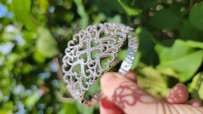 A Million Stars 28.8 carat White Sapphire .925 Sterling Silver Statement Bracelet / Cuff - Intricate bracelet close-up with white sapphire details.