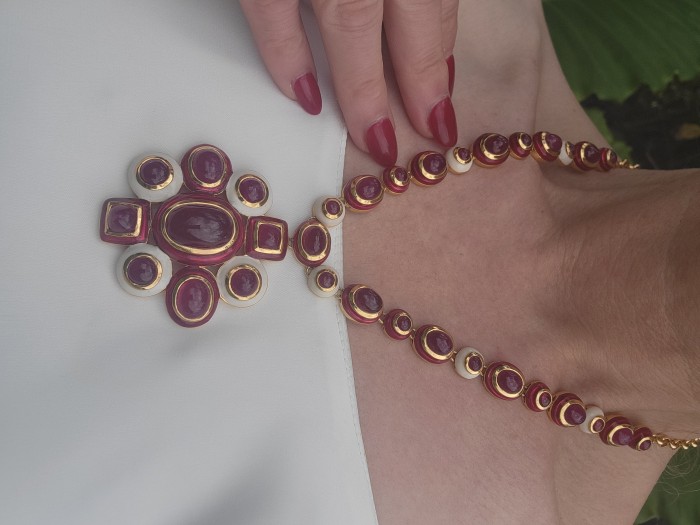 Outstanding - Red Rose - Authentic Kashmir 155.8 carat Ruby Enamel 18K Gold over .925 Sterling Silver handcrafted Station necklace - Ruby necklace close-up, worn on neck with matching red nails.