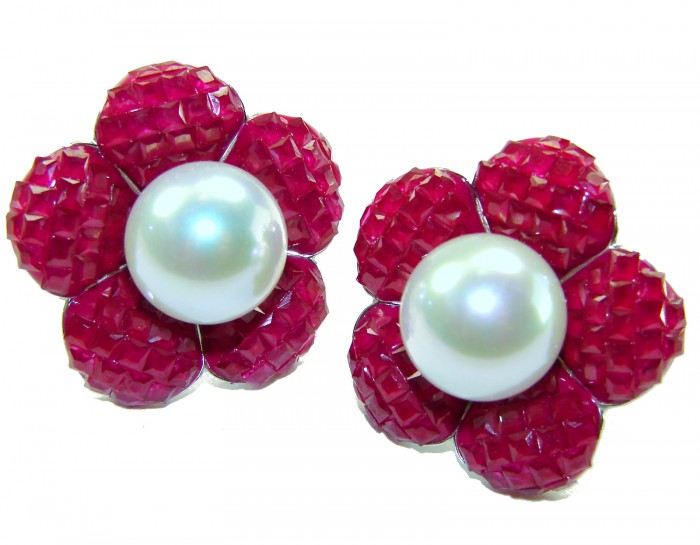 Born to Glam authentic 15.2 carat Ruby Pearl .925 Sterling Silver handcrafted earrings - Ruby and pearl floral earrings, front view.