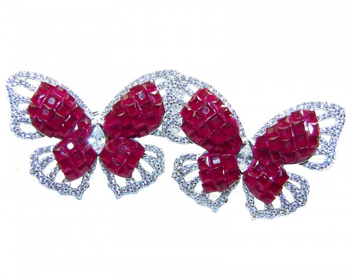 Large - 18.5 carat natural Ruby Butterflies .925 Sterling Silver Large handcrafted earrings - Front view of large ruby butterfly earrings in sterling silver.