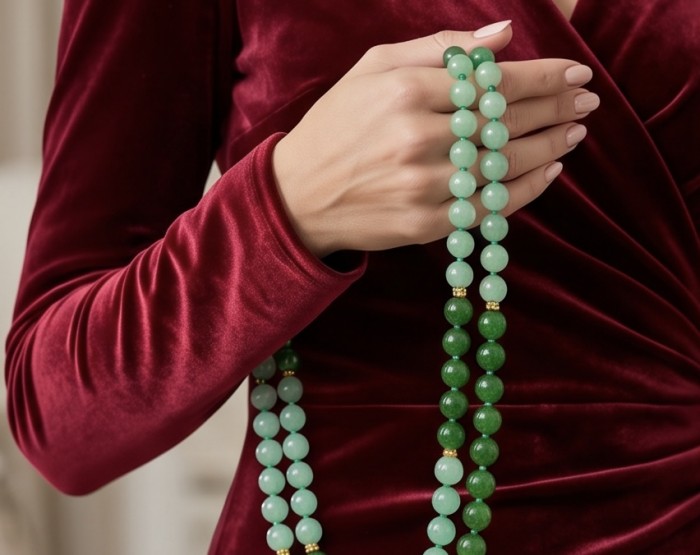 One of the kind Green Jade 14K Gold over Sterling Silver Sterling Silver necklace - Model wearing green jade necklace, detail of beads in hand.