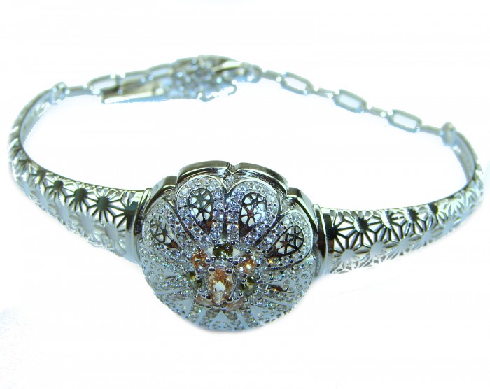 Aphrodite - Solid 2.5 multicolor Sapphire .925 Sterling Silver handcrafted Bracelet - Front view of Aphrodite silver bracelet with floral design and sapphires.