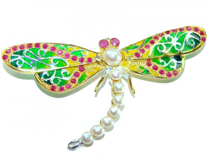 Big Dragonfly Pearl Enamel 18K Gold over .925 Sterling Silver handcrafted Pendant Brooch - Dragonfly brooch, pearl body, colorful enamel wings, top view.