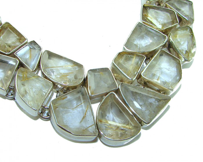 One of the kind Nature inspired 174.5 carat Sublime Golden Rutilated Quartz Sterling Silver handmade necklace - Golden R. stone close-up with unique shapes and silver settings