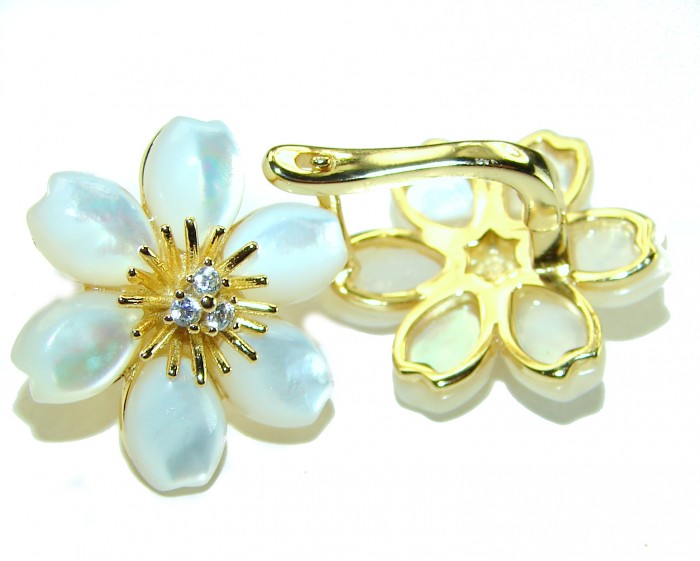 Genuine Blister Pearl lab grown Diamond 18K Gold over .925 Sterling Silver handcrafted Large Statement Earrings - photo 2