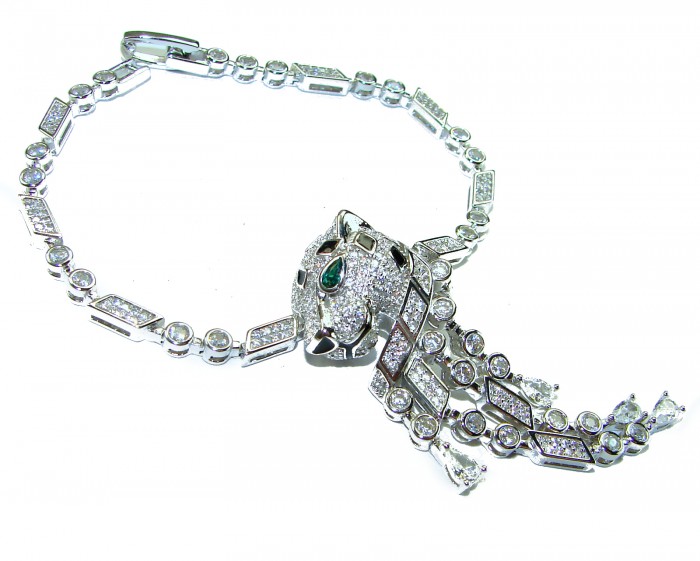 Cheetah 22.2 carat Emerald black enamel .925 Sterling Silver .925 Sterling Silver handcrafted Bracelet - Cheetah bracelet with emerald eyes and diamonds, top view.