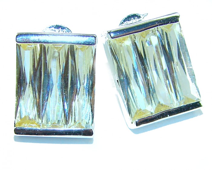 Cubic Zirconia .925 Sterling Silver handmade earrings - Close-up of rectangular cubic zirconia sterling silver earrings