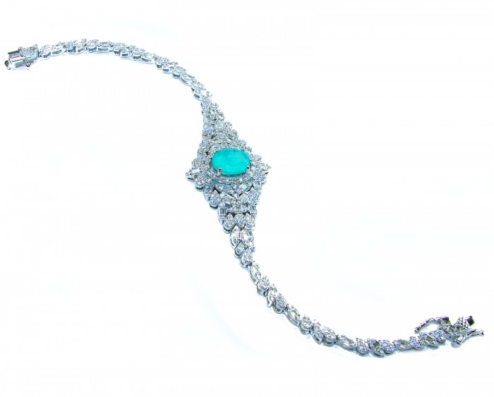 Gabriella 10.2 carat authentic Emerald rhodium over .925 Sterling Silver handcrafted Statement bracelet - Top view of Gabriella 10.2 carat emerald bracelet with diamonds.