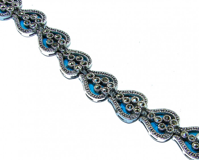 Fantastic inlay Turquoise Marcasite .925 Silver handmade double-sided Bracelet - Close-up of turquoise inlay and marcasite silver bracelet design.