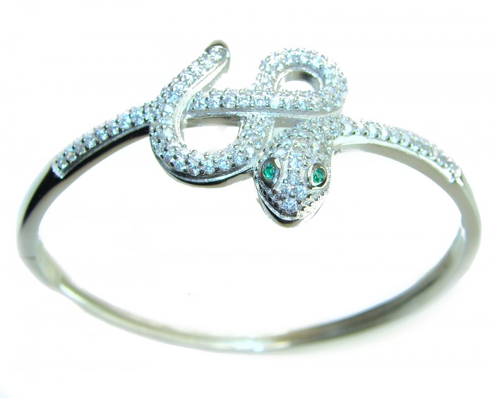 Precious Boa Snake Genuine 8.9 carat Emerald White Topaz .925 Sterling Silver handcrafted Bracelet - Snake bracelet with emerald eyes and topaz detail, top view.