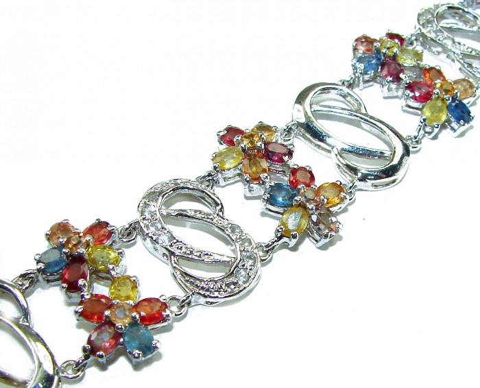 Maria - Magnificent 62.5 carat Golden - MULTICOLOR Sapphire .925 Sterling Silver handcrafted Bracelet - Multicolor sapphire bracelet, top view showing stones and design details.