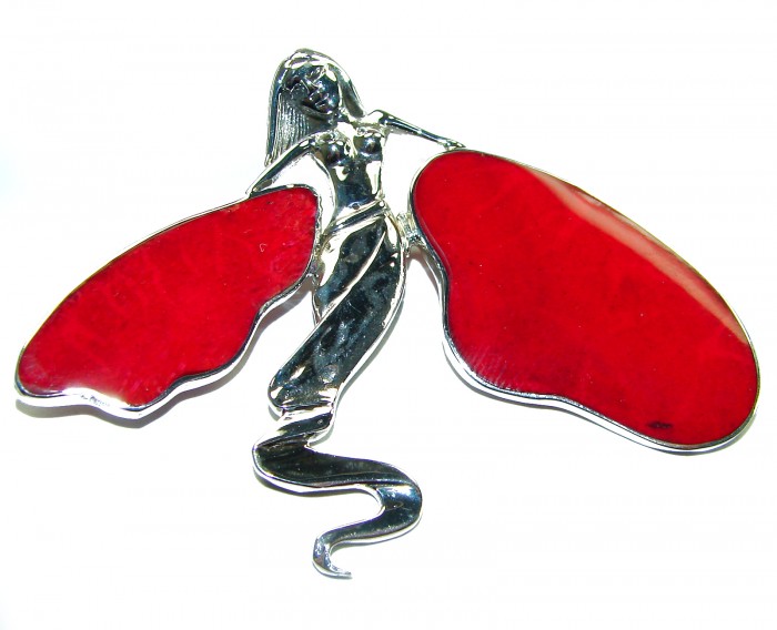 Red Fossilized Coral .925 Sterling Silver pendant brooch - photo 1