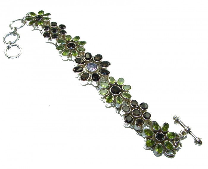 Lavishly Abundant - Huge Spectacular 175.9 carat authentic Amethyst Peridot .925 Sterling Silver handmade Bracelet - Flower-pattern gemstone bracelet, top view, clasp visible