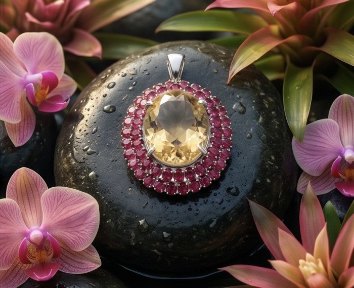 Luxury genuine 44.7 CARAT oval cut Champagne Topaz Garnet .925 Sterling Silver dipped in rhodium handmade Pendant - Champagne Topaz pendant on rocks with orchids, top view.