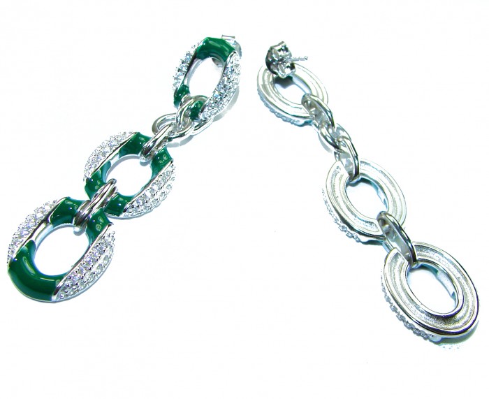 5.5 carat White Sapphire green enamel .925 Sterling Silver handcrafted Chain earrings - photo 2