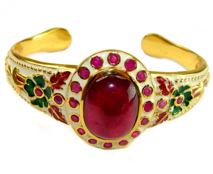 Floral Design Genuine 22.5 carat Ruby Enamel 18K Gold over .925 Sterling Silver Bracelet / Cuff - photo 4