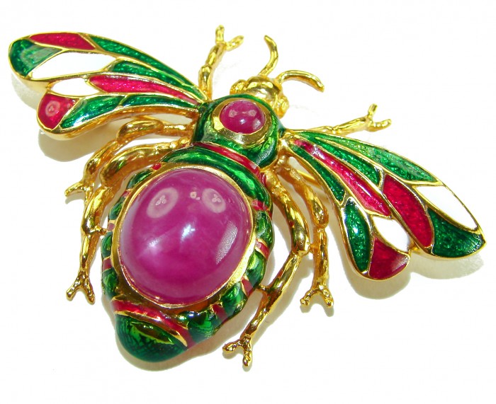 Precious Red Bee genuine 10.2 carat Star Ruby Enamel 18K Gold over .925 Sterling Silver handmade Pendant - Brooch - Top view of bee-shaped brooch with ruby and enamel details.