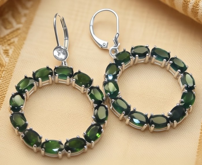 Authentic 22.9 carat CHROME DIOPSIDE from Siberia .925 Sterling Silver handmade Large Statement earrings - Chrome diopside hoop earrings on fabric background