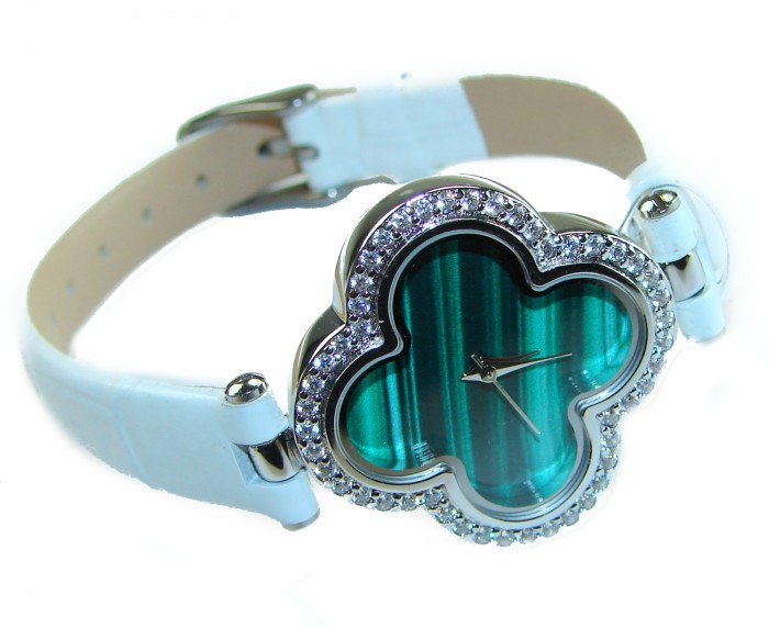 Precious 18.5 carat Authentic Four Leaf Clover Malachite Genuine Leather strap .925 Sterling Silver handmade Watch - photo 3