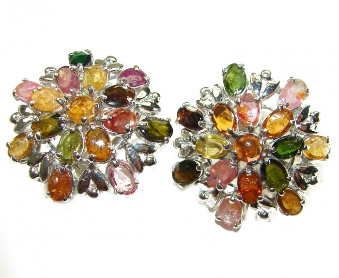 Luxurious 35.5 ctw Brazilian Watermelon Tourmaline .925 Sterling Silver handcrafted Statement earrings - Front view of colorful Brazilian watermelon tourmaline earrings.