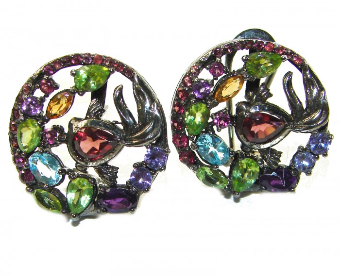 Elizabeth Authentic 12.9 carat Garnet .925 Sterling Silver brilliantly dipped in black rhodium handcrafted earrings - Colorful gemstone earrings, frontal view, floral and bird design.