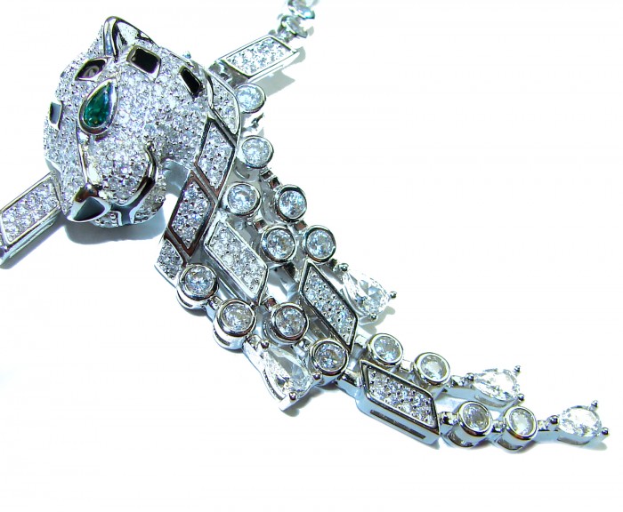 Cheetah 22.2 carat Emerald black enamel .925 Sterling Silver .925 Sterling Silver handcrafted Bracelet - Close-up of cheetah design with emerald and diamonds in silver setting.