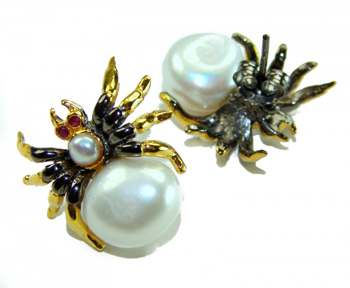 Genuine Pearl 14K Gold rhodium over .925 Sterling Silver handcrafted Statement Earrings - Spider earrings with pearls, top view, 14K gold rhodium, sterling silver
