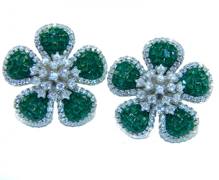 Born to Glam authentic 24.4 carat Colombian Emerald .925 Sterling Silver handcrafted Statement earrings - Flower-shaped earrings with green emerald petals, front view.